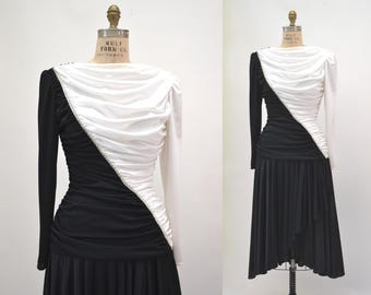 Vestido drapeado con bloques de color blanco y negro de punto vintage de los años 80 y 90, talla pequeña y mediana, con pedrería // Vestido disco negro de los años 80 para fiesta, talla pequeña y mediana