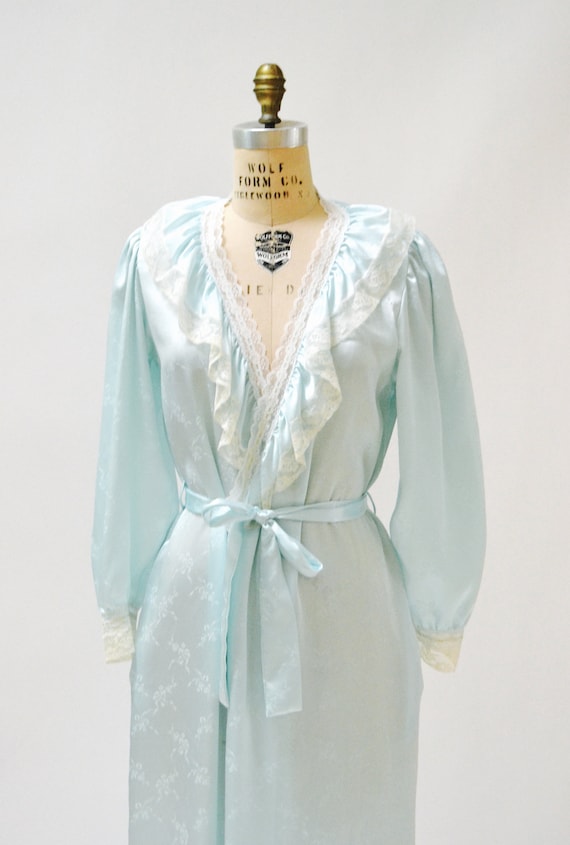 80s Vintage Blue Satin Robe Nightgown Blue lace W… - image 4