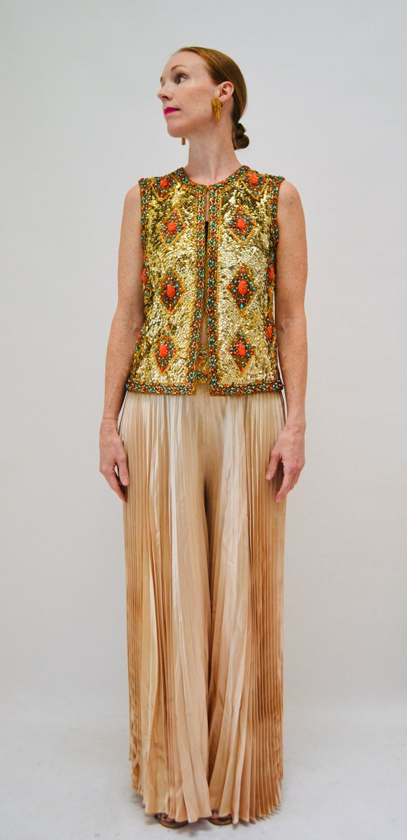 60s Gold Sequin Top and Pleated Palazzo Pants By … - image 7