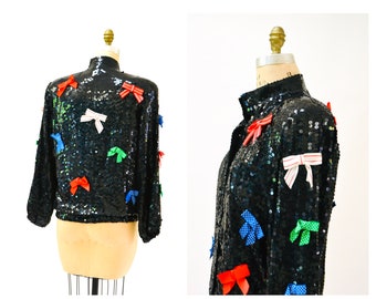 Vintage Black Sequin Jacket With Bows Ribbons 80s 90s Pop art Sequin Jacket Red Blue White Green Metallic Sequin Jacket Medium