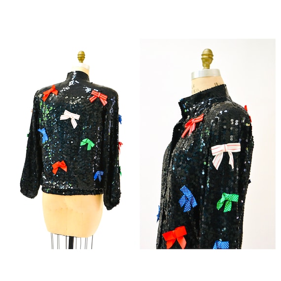 Vintage Black Sequin Jacket With Bows Ribbons 80s… - image 1