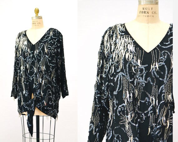 80s Glam Sequin Party Top Black Silver Metallic 8… - image 2