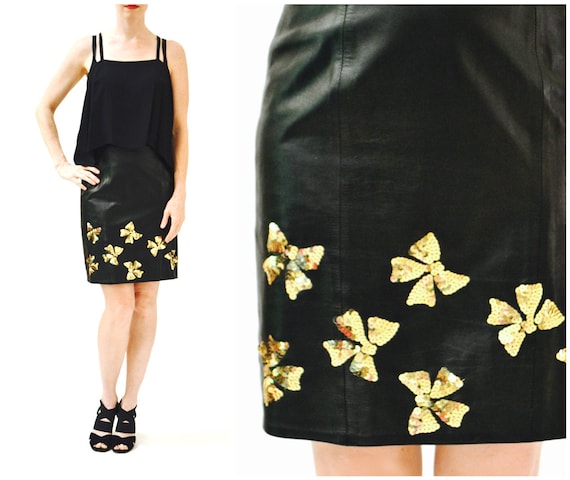 Vintage Black Leather Skirt Size Small Metallic Go