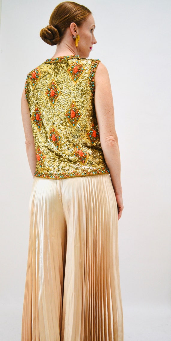 60s Gold Sequin Top and Pleated Palazzo Pants By … - image 4