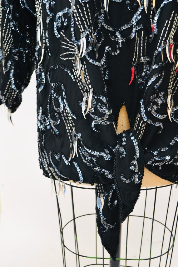 80s Glam Sequin Party Top Black Silver Metallic 8… - image 4