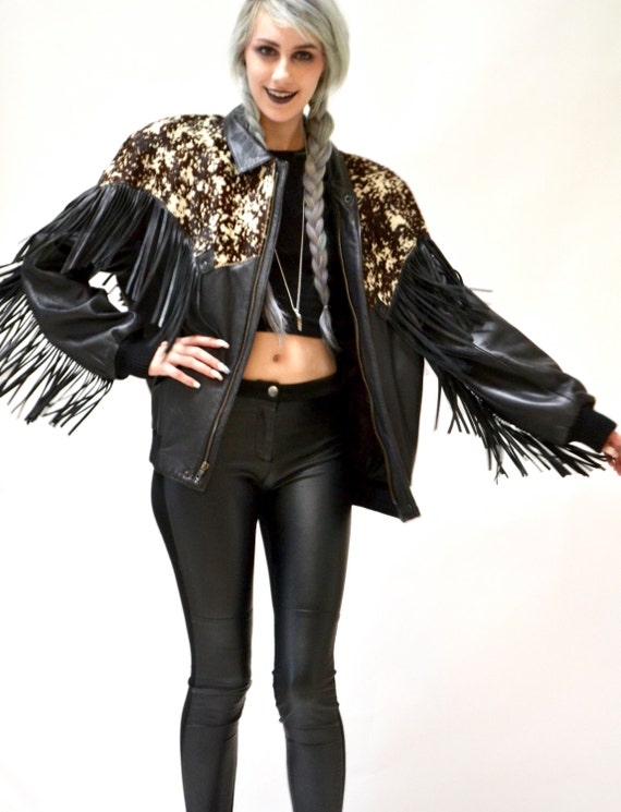 Vintage Black Leather Jacket Fringe Michael Hoban… - image 2