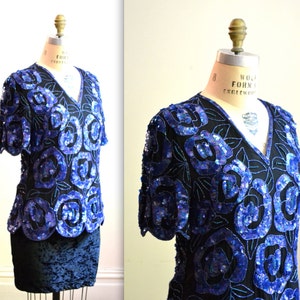 Vintage Sequin Shirt Top Black and Blue Sequin shirt Size Medium// 80s 90s Vintage Sequin Shirt in Black and Blue Art Deco Flapper Inspired image 1