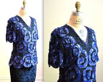 Vintage Pailletten Shirt in Schwarz und Blau Pailletten Shirt Gr.M// 80er 90er Vintage Pailletten Shirt in Schwarz und Blau Art Deco Flapper Inspiriert