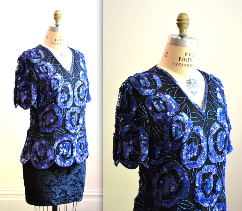 Vintage Sequin Shirt Top Black and Blue Sequin shirt Size Medium// 80s 90s Vintage Sequin Shirt in Black and Blue Art Deco Flapper Inspired image 1