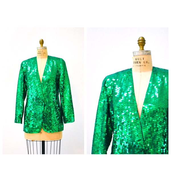 Vintage Green Sequin Jacket Size Small Medium Kelly Green Sequin Jacket Blazer 80s 90s Party Glam Jacket Size Medium by Oleg Cassini