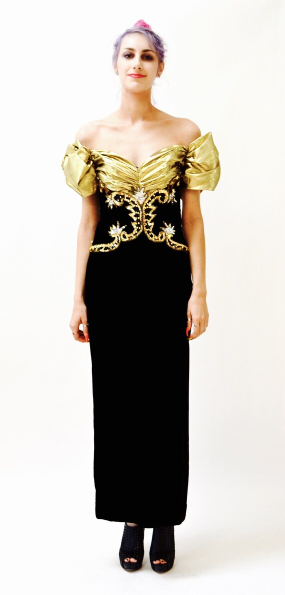 Vintage 80s Prom Dress Black Gold Evening Gown Ve… - image 3