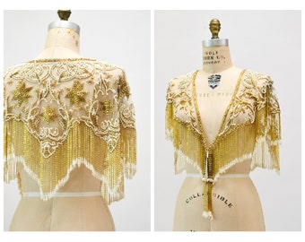 Vintage Gold Beaded Pearl Shawl Wrap Burlesque Wedding Flapper Gold Metallic Beaded Vintage Fringe Collar Shawl GOld White Pearl Sharmark