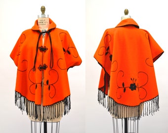 60s 70s Vintage Poncho Cape Orange Black with Embroidery and Fringe Boho Cape Fringe wool Poncho// 70s Vintage Orange Poncho Cape Fringe