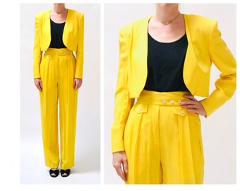 90s Vintage Yellow Suit By ESCADA Medium Yellow Cropped Bolero Jacket and High waisted Pants // Vintage 80s 90s Yellow Pantsuit Suit Medium