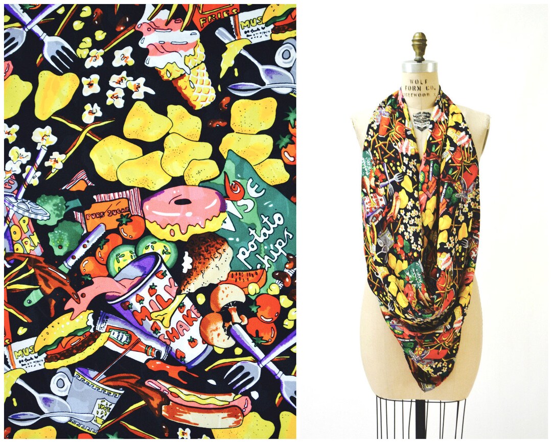 90s Vintage Nicole Miller Silk Large Scarf Junk Food Scarf Candy