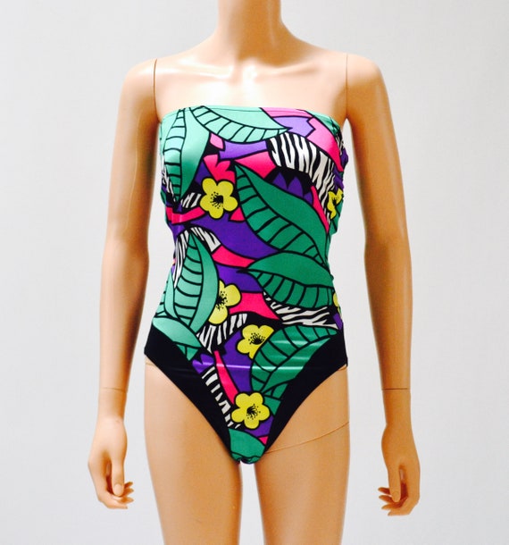 Vintage 80s High Cut Swim Suit size Medium Black … - image 8