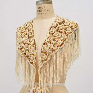 Vintage Gold Pearl White Cream Beaded Sequin Shawl Wrap Burlesque Wedding Flapper Gold Metallic Beaded Wedding Vintage Fringe Collar Shawl image 6