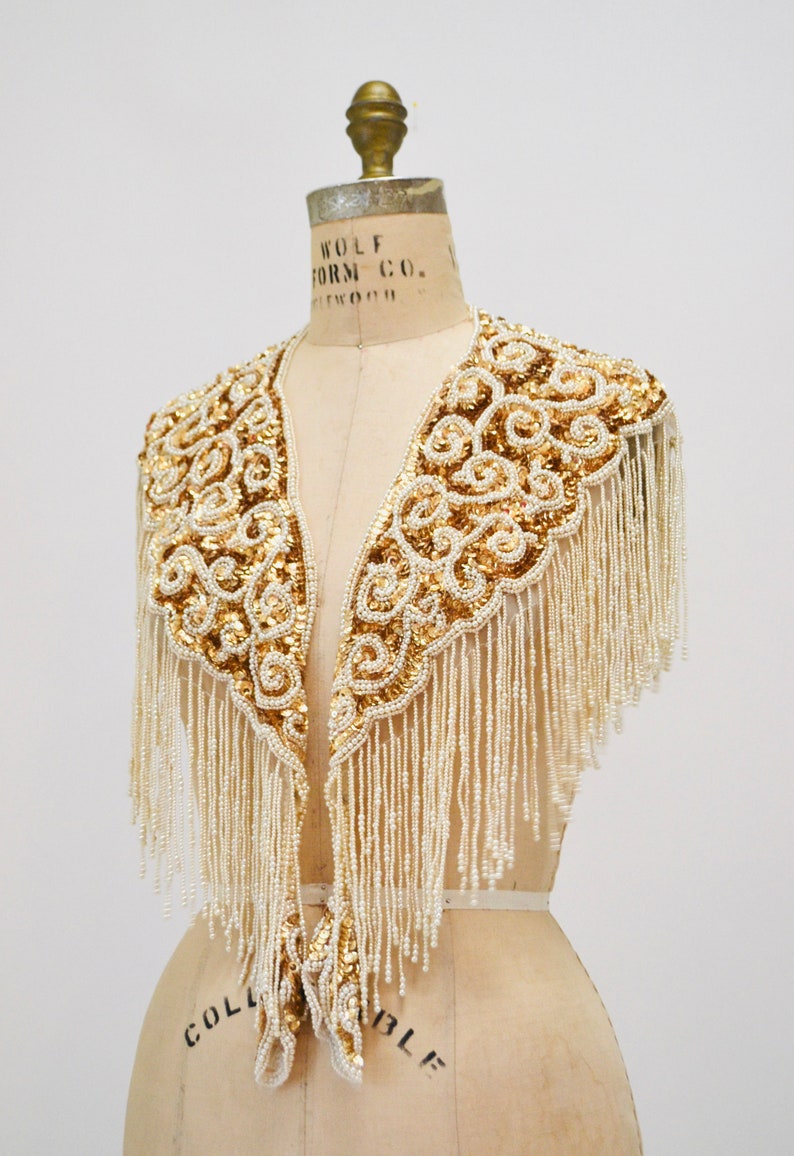 Vintage Gold Pearl White Cream Beaded Sequin Shawl Wrap Burlesque Wedding Flapper Gold Metallic Beaded Wedding Vintage Fringe Collar Shawl image 6