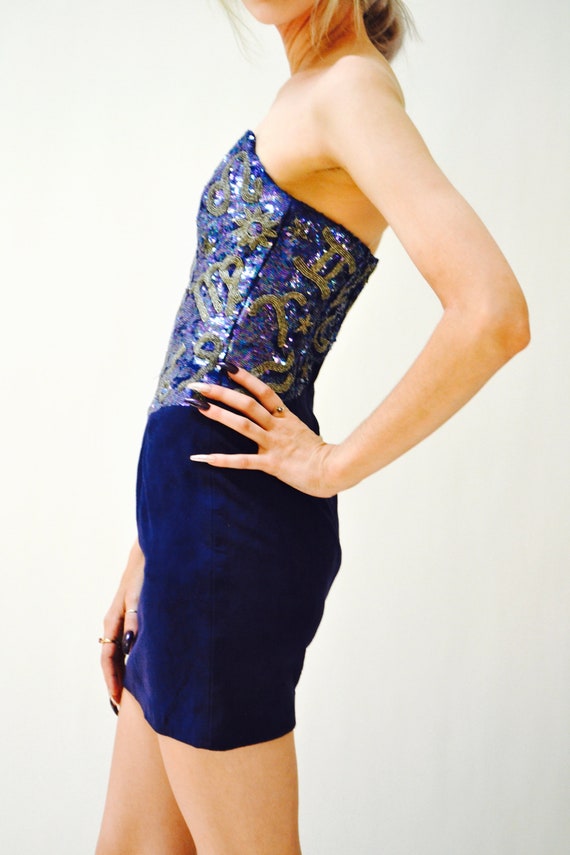 90s Sequin Leather Strapless Dress by Michael Hob… - image 7