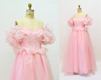 80s Vintage Pink Barbie Ruffle Dress By Victor Costa XS Small// 80s 90s Vintage Pink Prom Bridesmaid Party Dress Gown Pink Princess