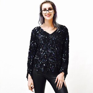 Vintage Metallic Sequin Shirt Black Art Deco Flapper Inspired Oil Slick// Vintage Flapper Inspired Beaded Shirt Top Black Sequins Small image 3