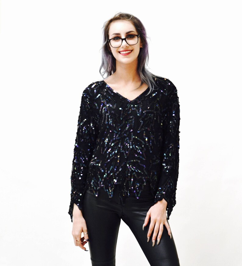 Vintage Metallic Sequin Shirt Black Art Deco Flapper Inspired Oil Slick// Vintage Flapper Inspired Beaded Shirt Top Black Sequins Small image 3