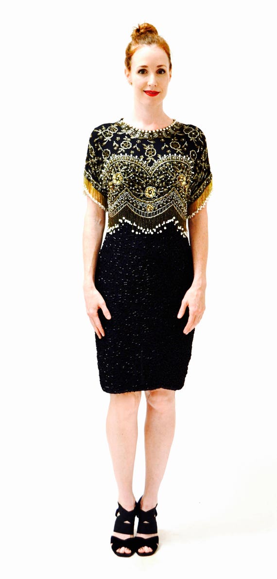 VIntage Black Sequin Dress Beaded Fringe Dress Me… - image 3