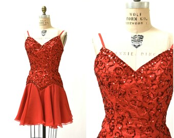 Vintage 80s Prom Dress Red Sequin Dress Size XS Small // Red Sequin Dress by Mike Benet Pageant Party Swing Dress