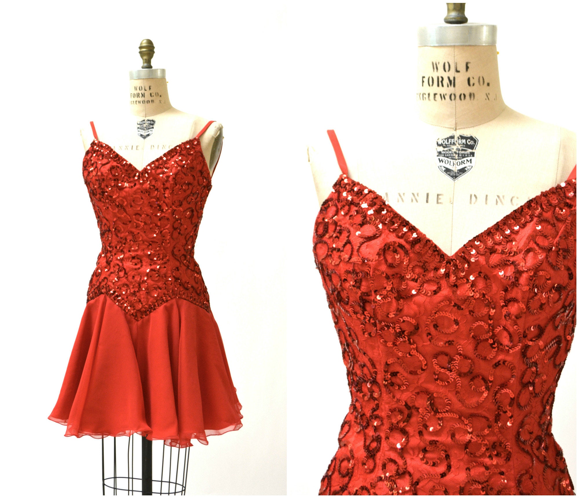 Vintage 80s Prom Dress Red Sequin Dress 