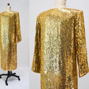 70s 80s Vintage Gold Sequin Dress Vintage Gold Metallic Dress medium large // Sequin Dress Flapper Inspired Cher Dress 80s Glam image 9