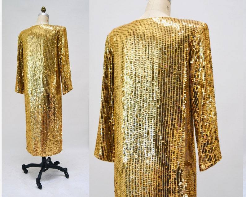 70s 80s Vintage Gold Sequin Dress Vintage Gold Metallic Dress medium large // Sequin Dress Flapper Inspired Cher Dress 80s Glam image 9