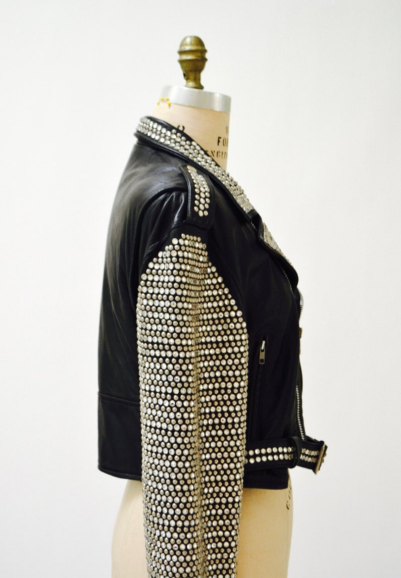Vintage Black Leather Biker Jacket Silver Studs Rhinestones Etsy