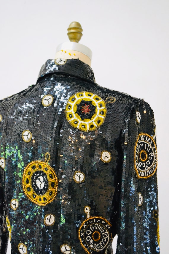 80s 90s Vintage Sequin Jacket Black Gold Metallic… - image 8