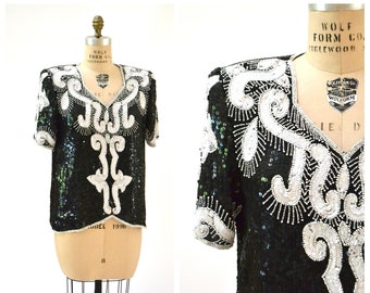 80s 90s Vintage Black Sequin Shirt Top Black White Beaded and Sequin Top Size Large Short Sleeves Art Deco Flapper Inspired Beaded Top Shirt