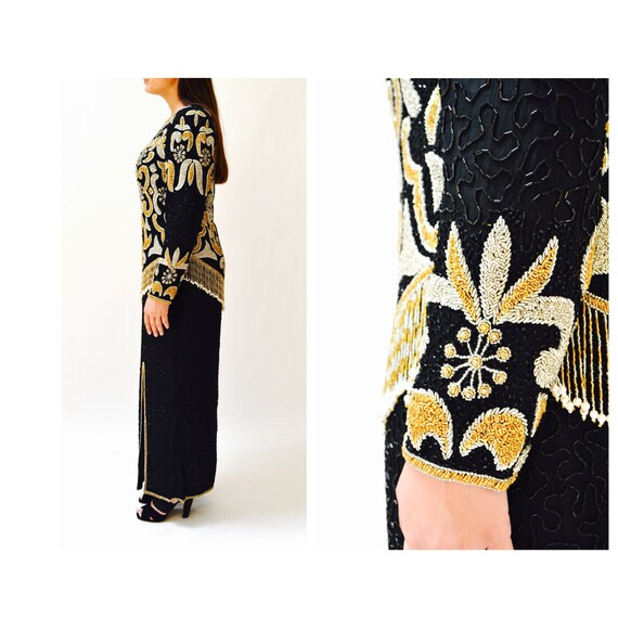 80s 90s Vintage Black Metallic Beaded Dress Eveni… - image 6