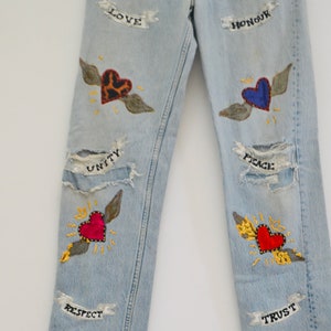 80s Vintage Leslie Hamel Jeans Pants Vintage Levis Hand painted Love Peace Denim Jeans Levis Pop Art Vintage Levis Medium Jeans Madonna image 4