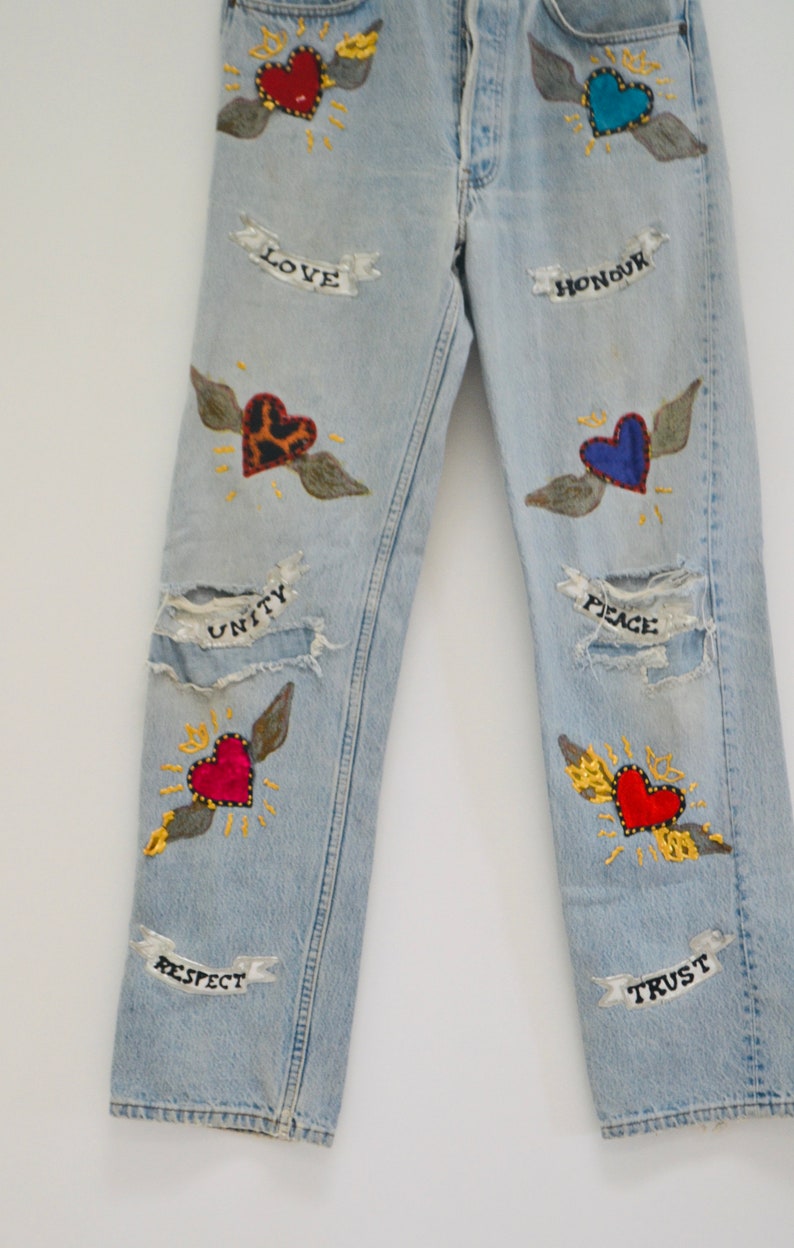 80s Vintage Leslie Hamel Jeans Pants Vintage Levis Hand painted Love Peace Denim Jeans Levis Pop Art Vintage Levis Medium Jeans Madonna image 4