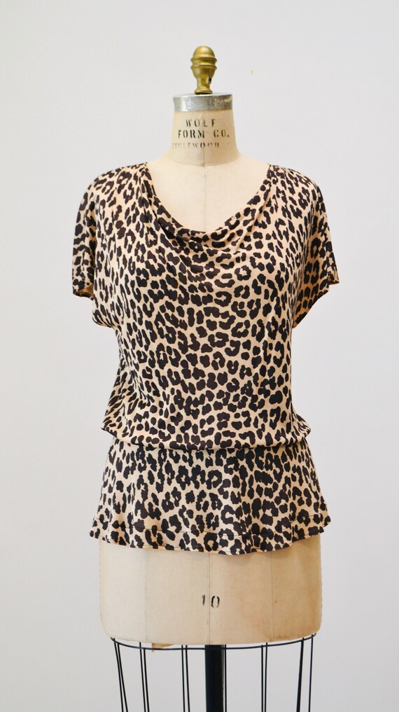 90s Animal Print Cowl Neck Leopard Print Knit Top Shirt Medium