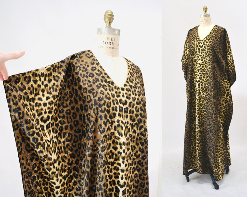 80s 90s Vintage Animal Print Dress Caftan Kaftan Beach Cover Up Large XL PLUS SIZE // Vintage Leopard Print Caftan Kaftan Dress Large xl image 1