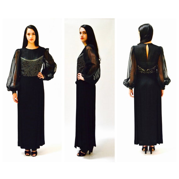 Vintage 60s 70s Dress Black Evening Gown Dress Rh… - image 4