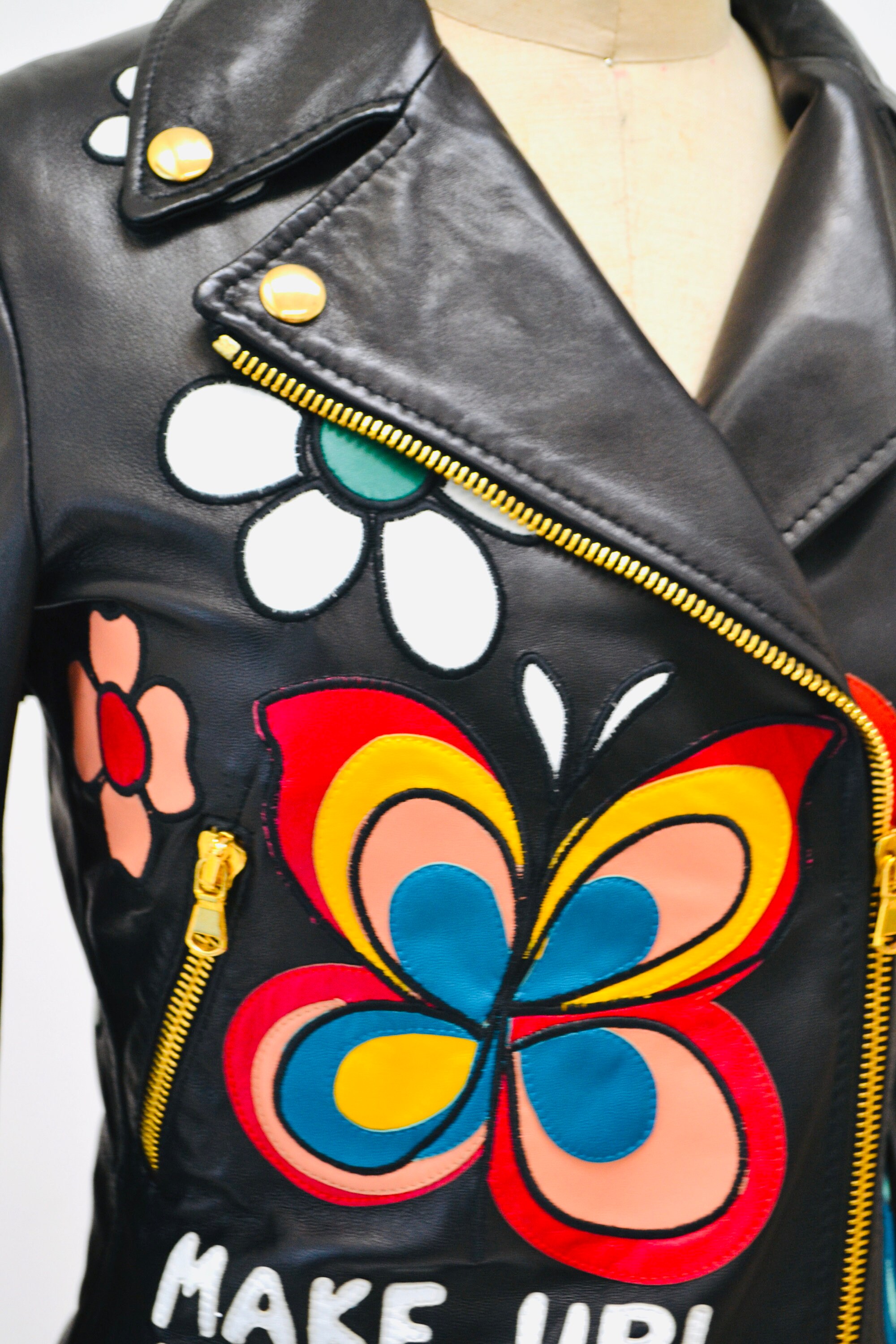 Moschino Red Black White Leather LOVE Moto Jacket Fringe | eBay
