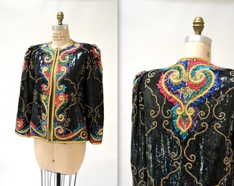 Vintage Sequin Jacket Black Gold Size Medium Large// Black Gold Embroidered Sequin and Beaded Jacket Size Large Baroque Inspired