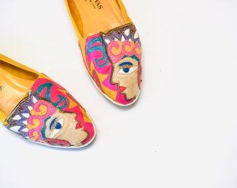 80s 90s Vintage Yellow Face Leather Flats by Gomez Rivas Size 7 1/2 8 yellow Rainbow Leather Shoes Flats Tropical Face Pop Art Leather Shoes