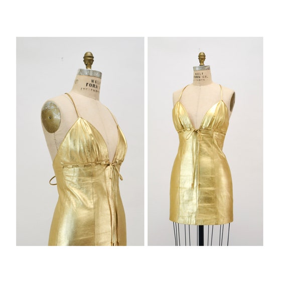 2000s Y2k Vintage Gold Leather Lace up Dress by M… - image 2