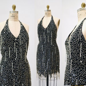 90s Vintage Black Silver Beaded Fringe Showgirl Dress Medium // 90s Black Silver Beaded Halter Dress Party Fringe Flapper Dress Nite line image 9