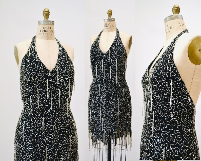 90s Vintage Black Silver Beaded Fringe Showgirl Dress Medium // 90s Black Silver Beaded Halter Dress Party Fringe Flapper Dress Nite line image 9