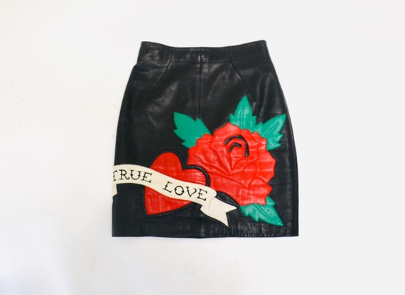 Vintage Black Leather Skirt with True Love Heart … - image 9