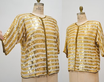 Vintage Gold Sequin Jacket, 90s Silk Party Top, Medium