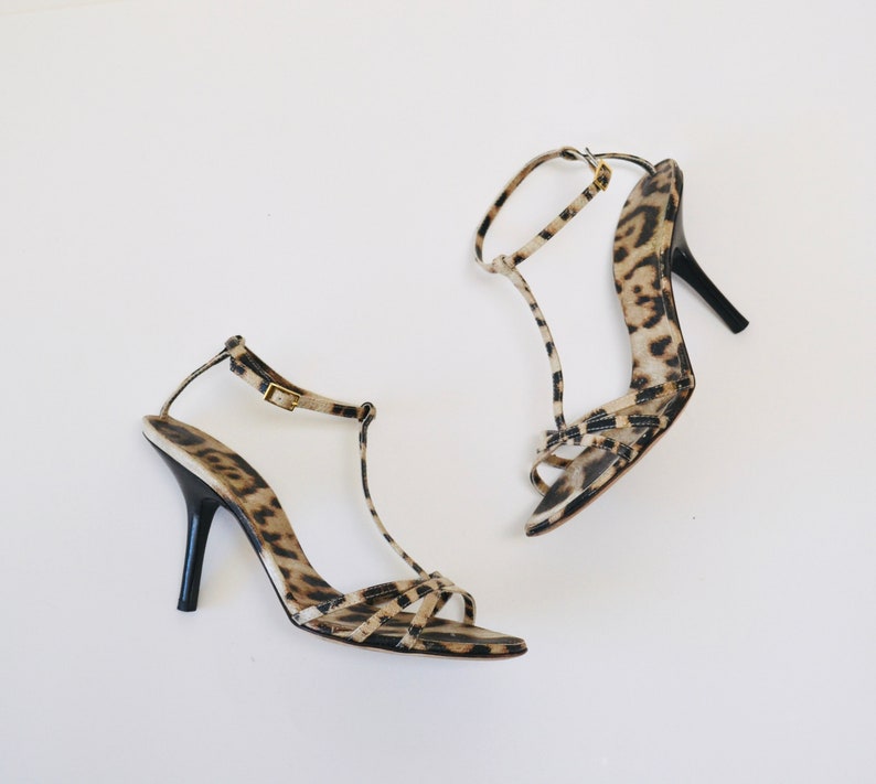 Vintage 00s Strappy Animal Print High Heels Size 7 37 By Roberto Cavalli Leopard Animal Print leather High heels Sandals 37 Roberto Cavalli image 5