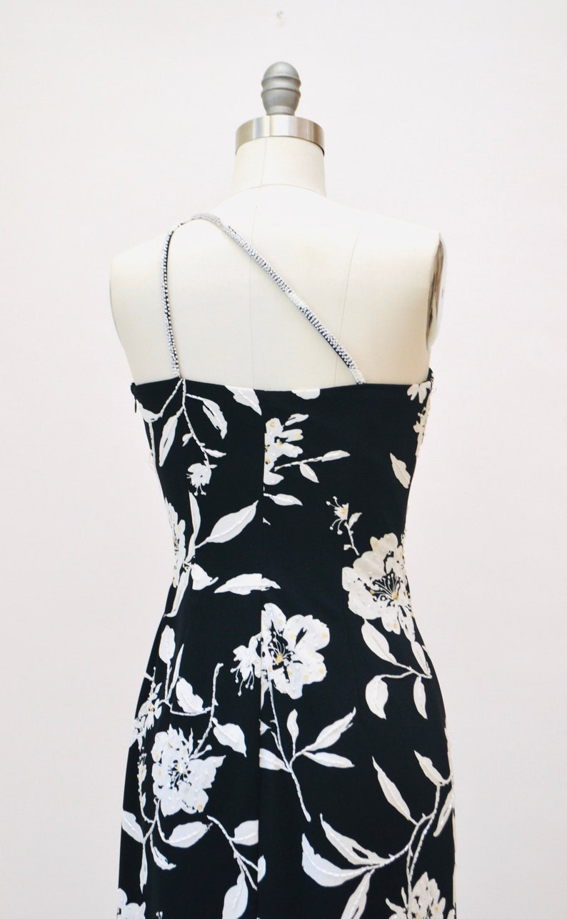 Vintage 00s Y2K Bias Cut Silk Dress Cache Black White Floral Print Beaded one Shoulder Dress XS Small 90s 00s Y2k Silk Tank Black Dress image 7